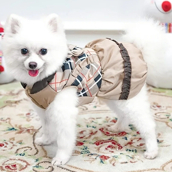 SCENEREAL Waterproof Dog Winter Coat for Dogs with Bowtie, in Beige Plaid Size S - Picture 1 of 8